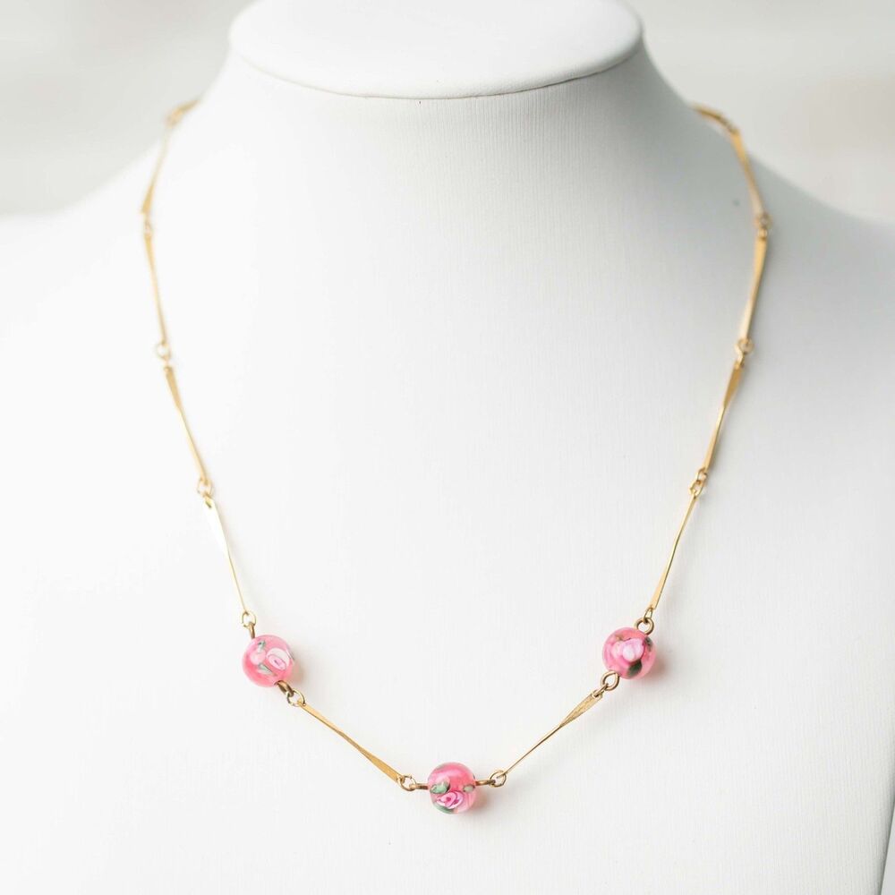 Vintage Pink Lampwork Glass Rose Bead Necklace Gold Tone Bar Link Floral Jewelry